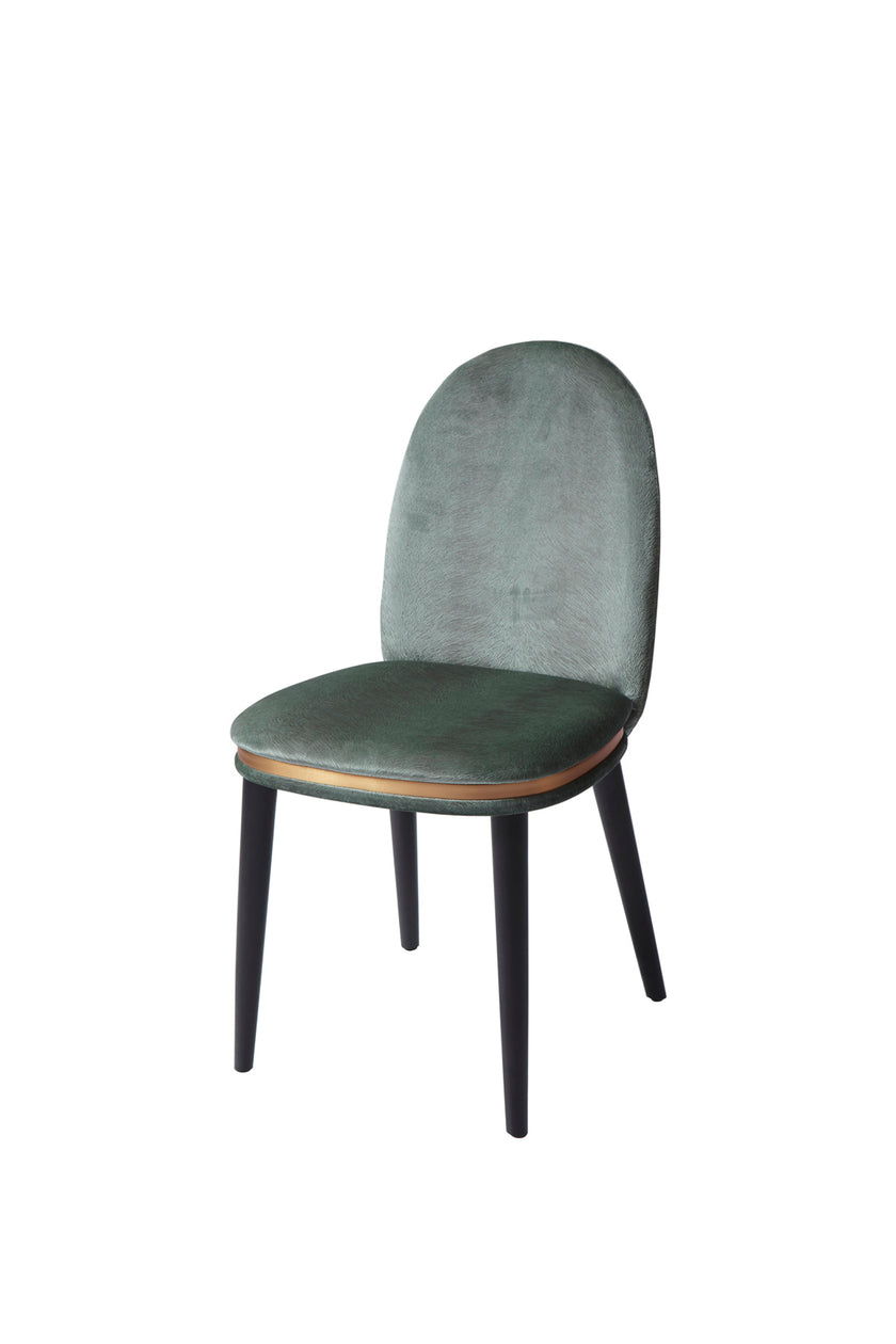 Cremino Dining Chair with rounded upholstered backrest, slender tapered legs and decorative metal ring by Accento | Casa Design Group