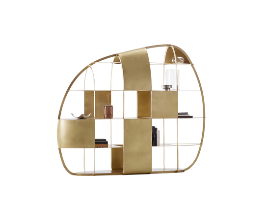 Airframe Bookcase by De Castelli in Brushed Brass with Sculptural Hammered Metal Design | Casa Design Group