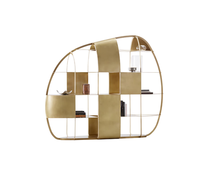 Airframe Bookcase by De Castelli in Brushed Brass with Sculptural Hammered Metal Design | Casa Design Group