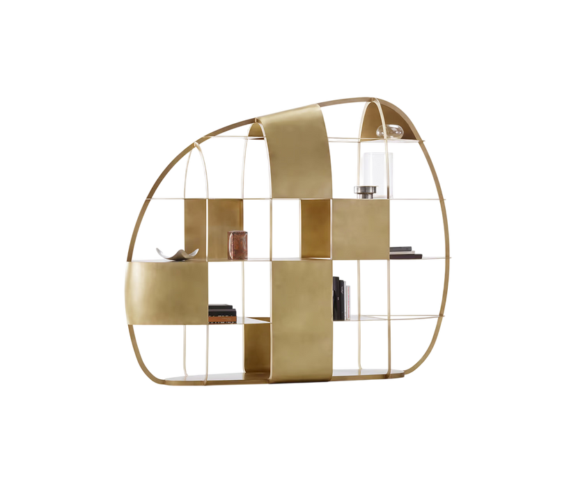 Airframe Bookcase by De Castelli in Brushed Brass with Sculptural Hammered Metal Design | Casa Design Group