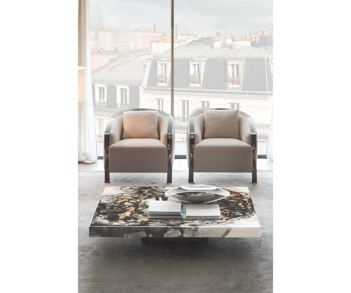 Decoro decorative coffee table by Rugiano with a hand-finished artistic tabletop.