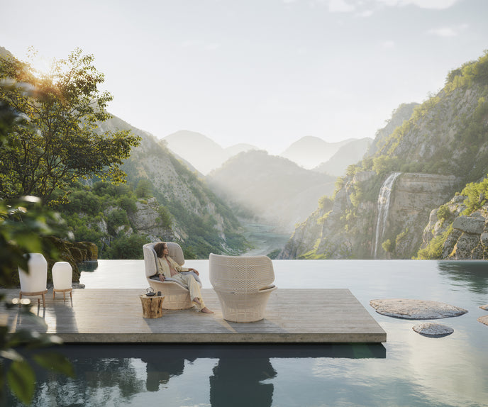 Sustainable luxury wing chair for outdoor lounging by Dedon, Seashell Grand collection – Casa Design Group