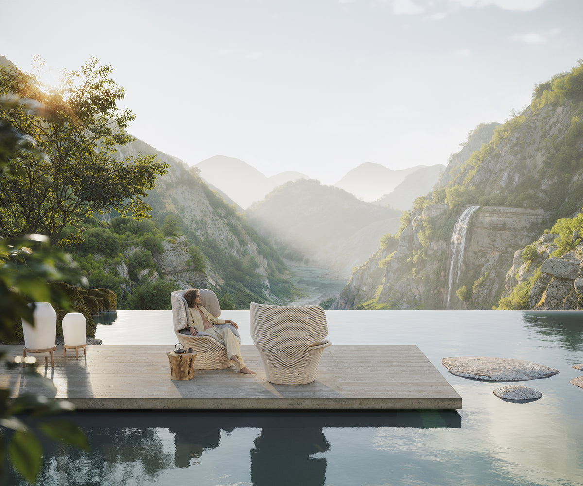 Sustainable luxury wing chair for outdoor lounging by Dedon, Seashell Grand collection – Casa Design Group