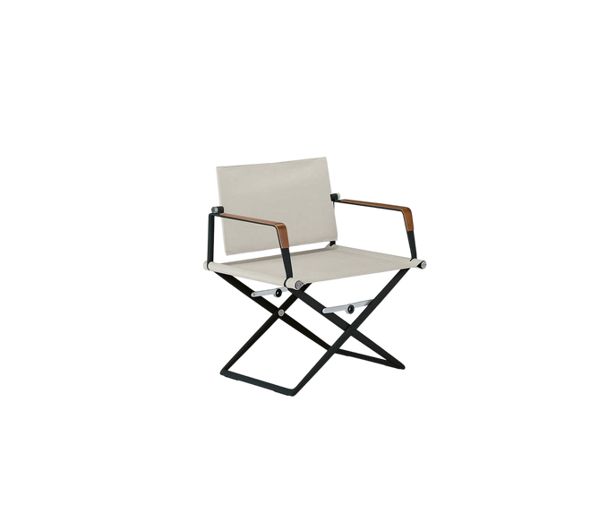 Dedon Seax Lounge Chair with teak-finished plywood armrests and foldable aluminum frame – Casa Design Group