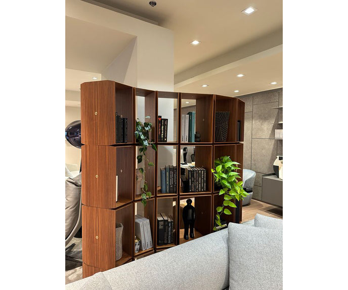 Demetra Bookcase by Porada in Canaletta walnut with brushed brass details and modular design | Casa Design Group