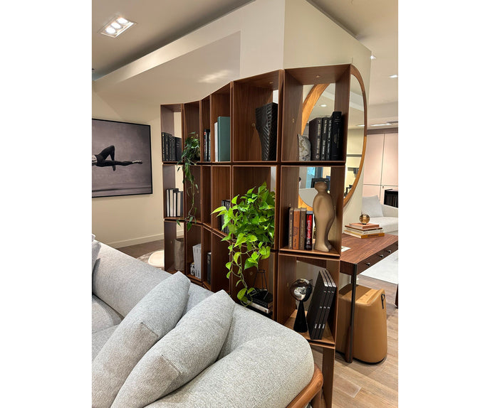 Demetra Bookcase by Porada in Canaletta walnut with brushed brass details and modular design | Casa Design Group