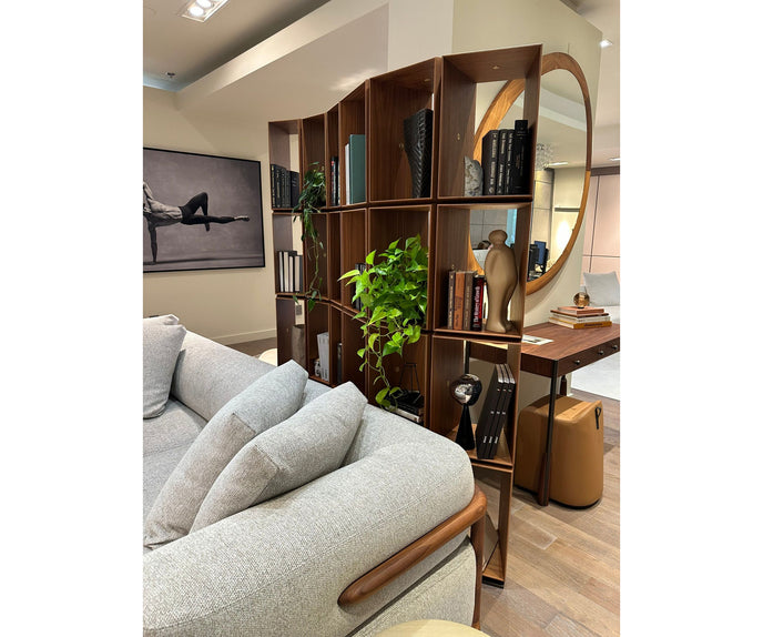 Demetra Bookcase by Porada in Canaletta walnut with brushed brass details and modular design | Casa Design Group
