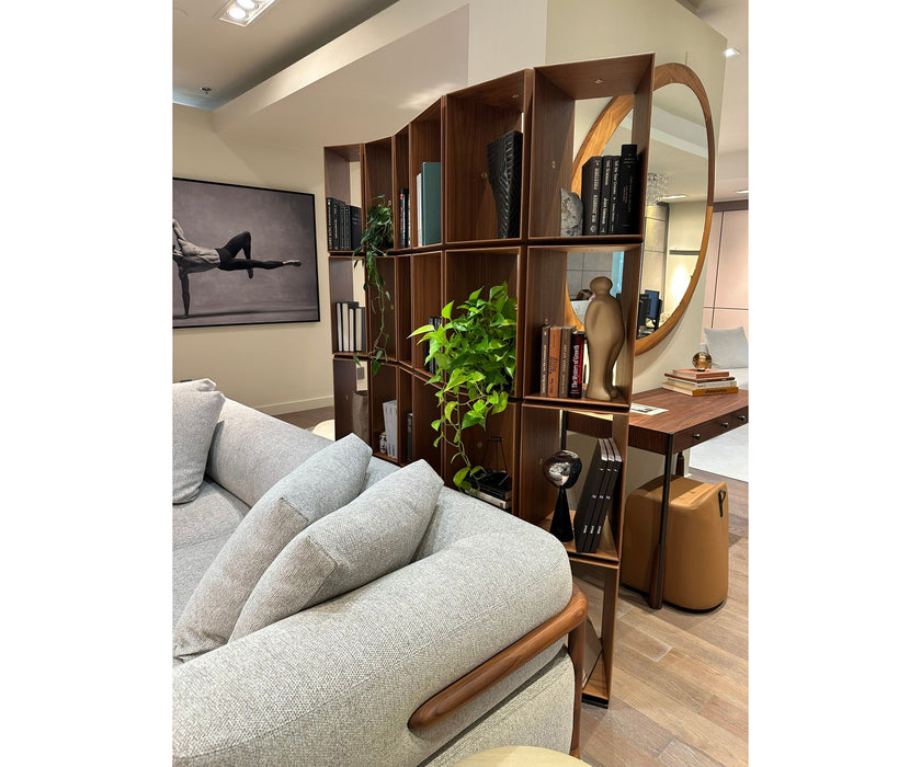 Demetra Bookcase by Porada in Canaletta walnut with brushed brass details and modular design | Casa Design Group
