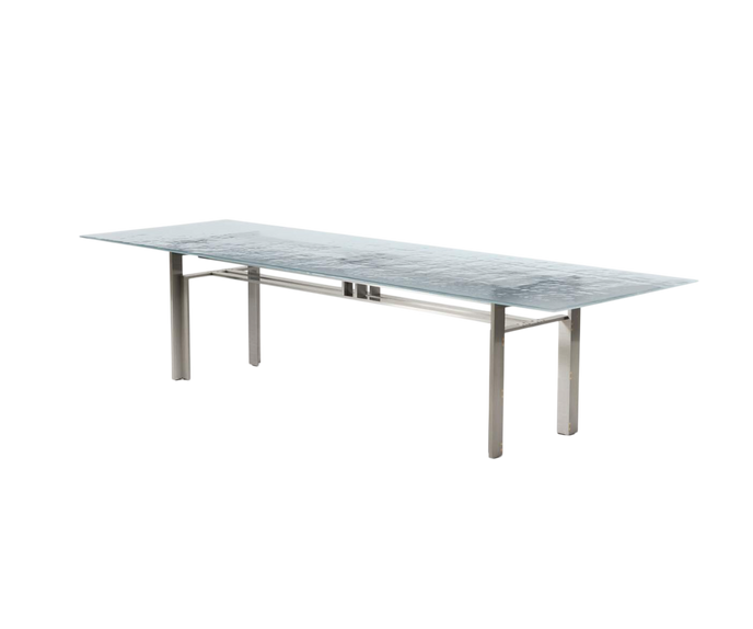 Doge Laguna Dining Table by Cassina with extra-clear textured glass top and steel base Casa Design Group