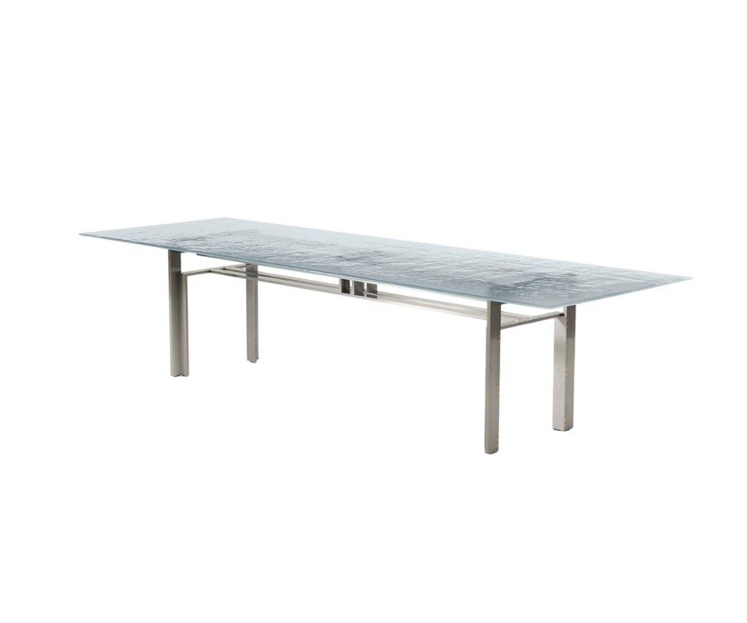 Doge Laguna Dining Table by Cassina with extra-clear textured glass top and steel base Casa Design Group