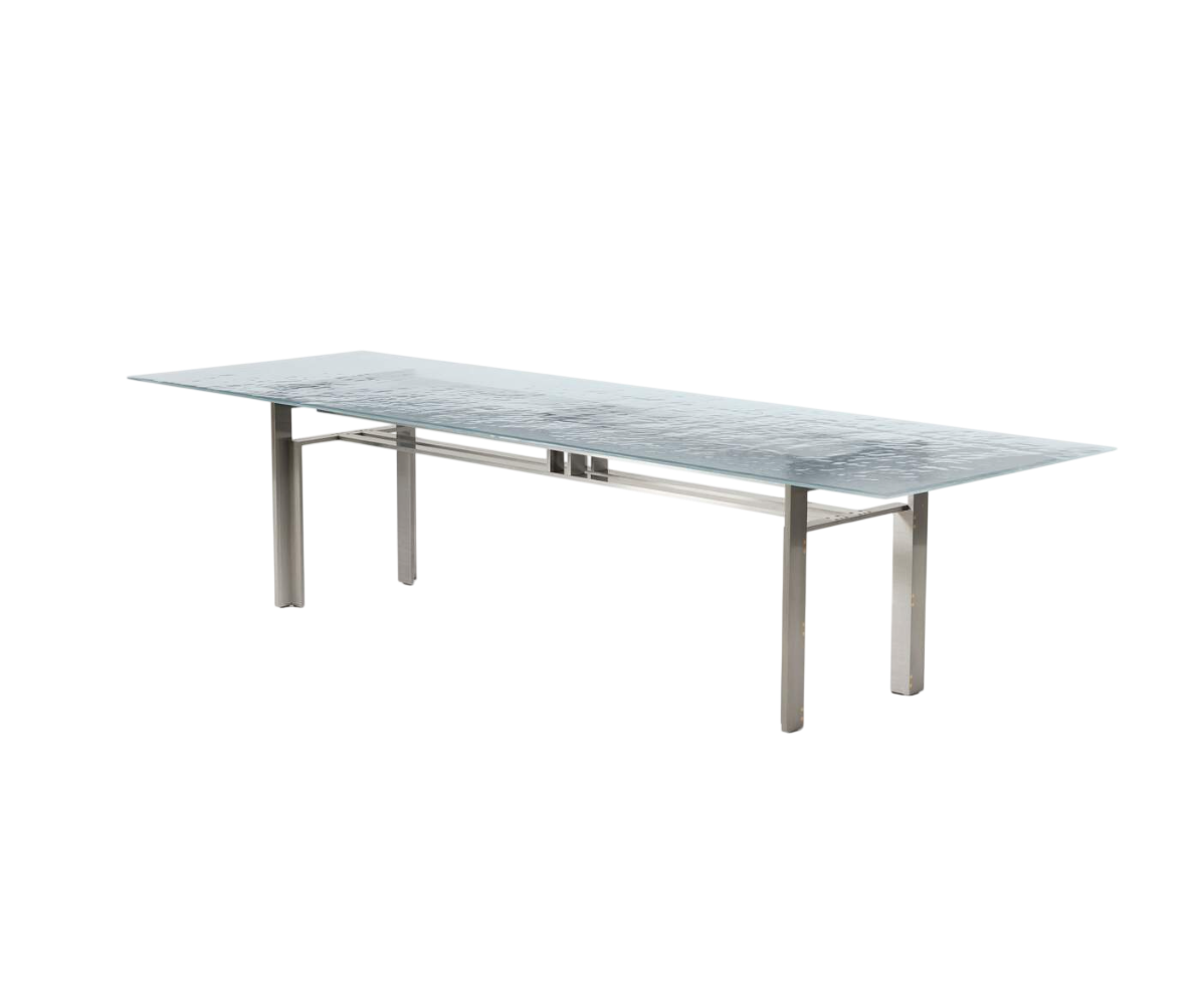 Doge Laguna Dining Table by Cassina with extra-clear textured glass top and steel base Casa Design Group