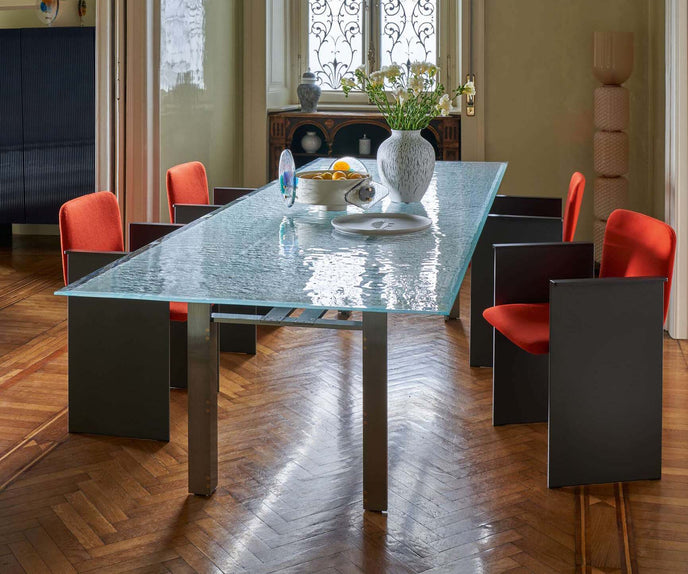 Doge Laguna Dining Table by Cassina with extra-clear textured glass top and steel base Casa Design Group