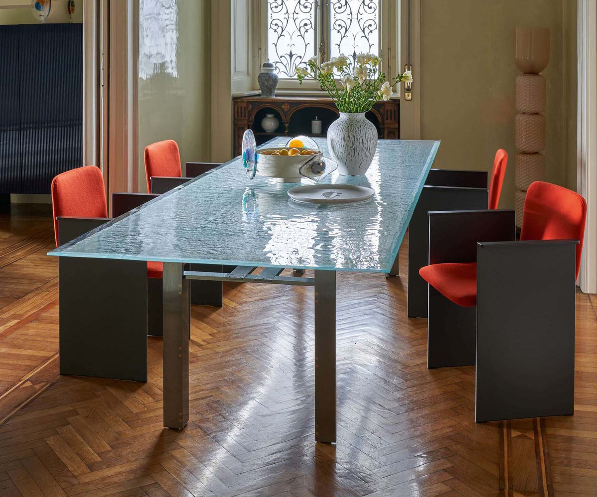 Doge Laguna Dining Table by Cassina with extra-clear textured glass top and steel base Casa Design Group