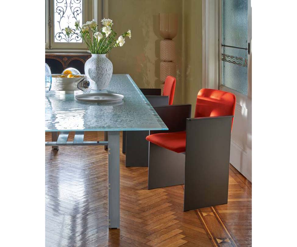 Doge Laguna Dining Table by Cassina with extra-clear textured glass top and steel base Casa Design Group