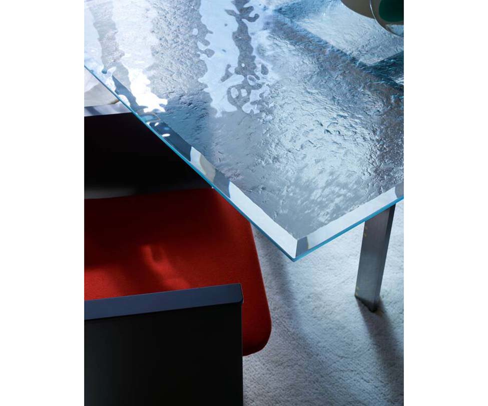 Doge Laguna Dining Table by Cassina with extra-clear textured glass top and steel base Casa Design Group