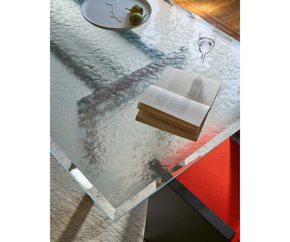 Doge Laguna Dining Table by Cassina with extra-clear textured glass top and steel base Casa Design Group