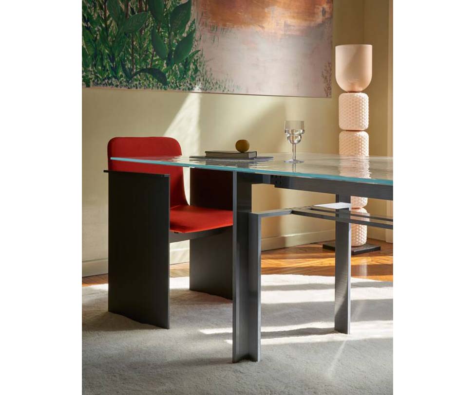 Doge Laguna Dining Table by Cassina with extra-clear textured glass top and steel base Casa Design Group