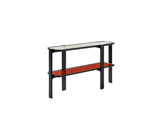 DUO Console with solid ash wood frame, elevated shelves and bronze-finished metal accents by Ceccotti Collezioni | Casa Design Group