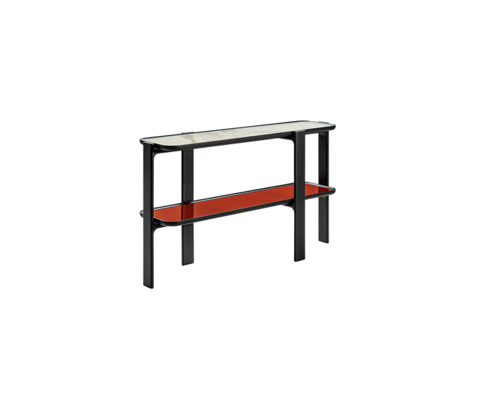 DUO Console with solid ash wood frame, elevated shelves and bronze-finished metal accents by Ceccotti Collezioni | Casa Design Group
