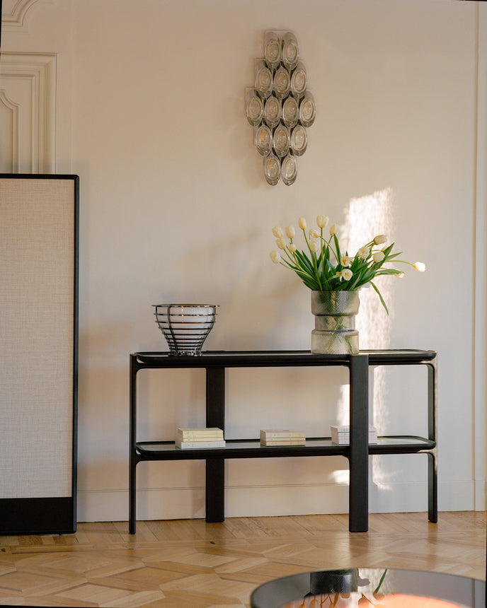 DUO Console with solid ash wood frame, elevated shelves and bronze-finished metal accents by Ceccotti Collezioni | Casa Design Group