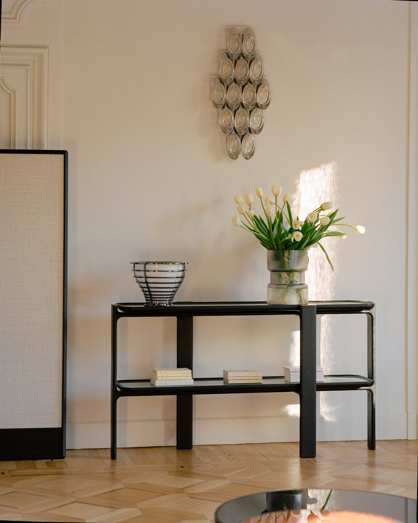 DUO Console with solid ash wood frame, elevated shelves and bronze-finished metal accents by Ceccotti Collezioni | Casa Design Group