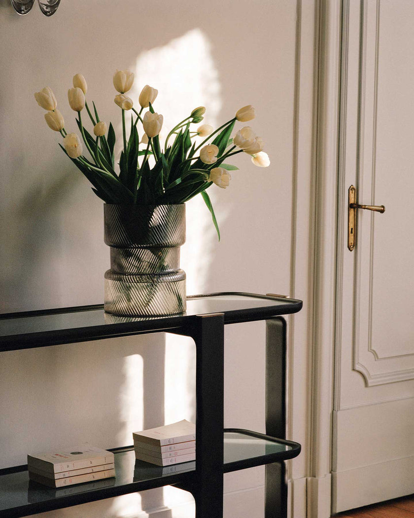 DUO Console with solid ash wood frame, elevated shelves and bronze-finished metal accents by Ceccotti Collezioni | Casa Design Group