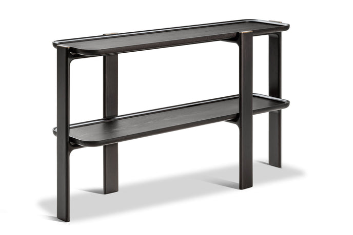 DUO Console with solid ash wood frame, elevated shelves and bronze-finished metal accents by Ceccotti Collezioni | Casa Design Group