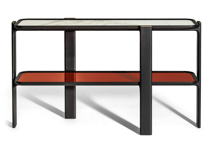 DUO Console with solid ash wood frame, elevated shelves and bronze-finished metal accents by Ceccotti Collezioni | Casa Design Group
