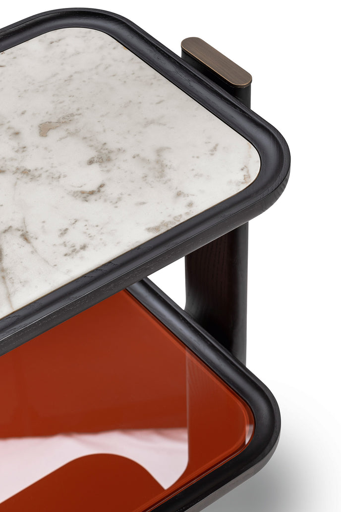 DUO Console with solid ash wood frame, elevated shelves and bronze-finished metal accents by Ceccotti Collezioni | Casa Design Group
