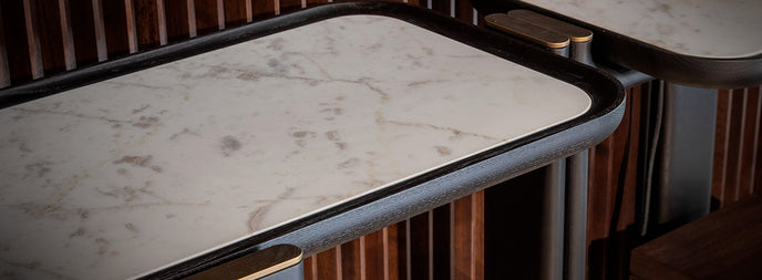 DUO Console with solid ash wood frame, elevated shelves and bronze-finished metal accents by Ceccotti Collezioni | Casa Design Group