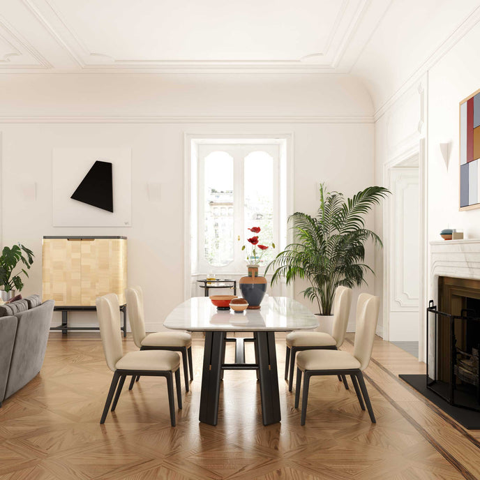 DUO Dining Chair with a high upholstered backrest, solid ash wood legs and tailored leather or fabric upholstery by Ceccotti Collezioni | Casa Design Group