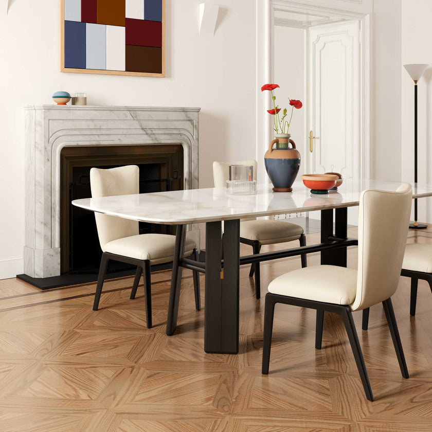 DUO Dining Chair with a high upholstered backrest, solid ash wood legs and tailored leather or fabric upholstery by Ceccotti Collezioni | Casa Design Group