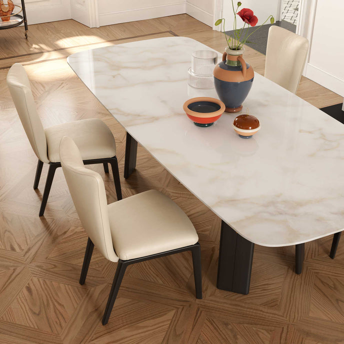 DUO Dining Chair with a high upholstered backrest, solid ash wood legs and tailored leather or fabric upholstery by Ceccotti Collezioni | Casa Design Group