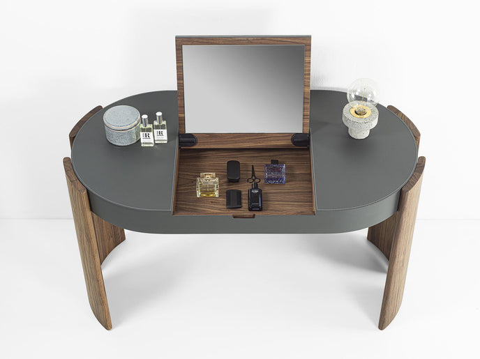Eclisse solid wood and leather vanity with lift-up mirror by Riva 1920 | Casa Design Group