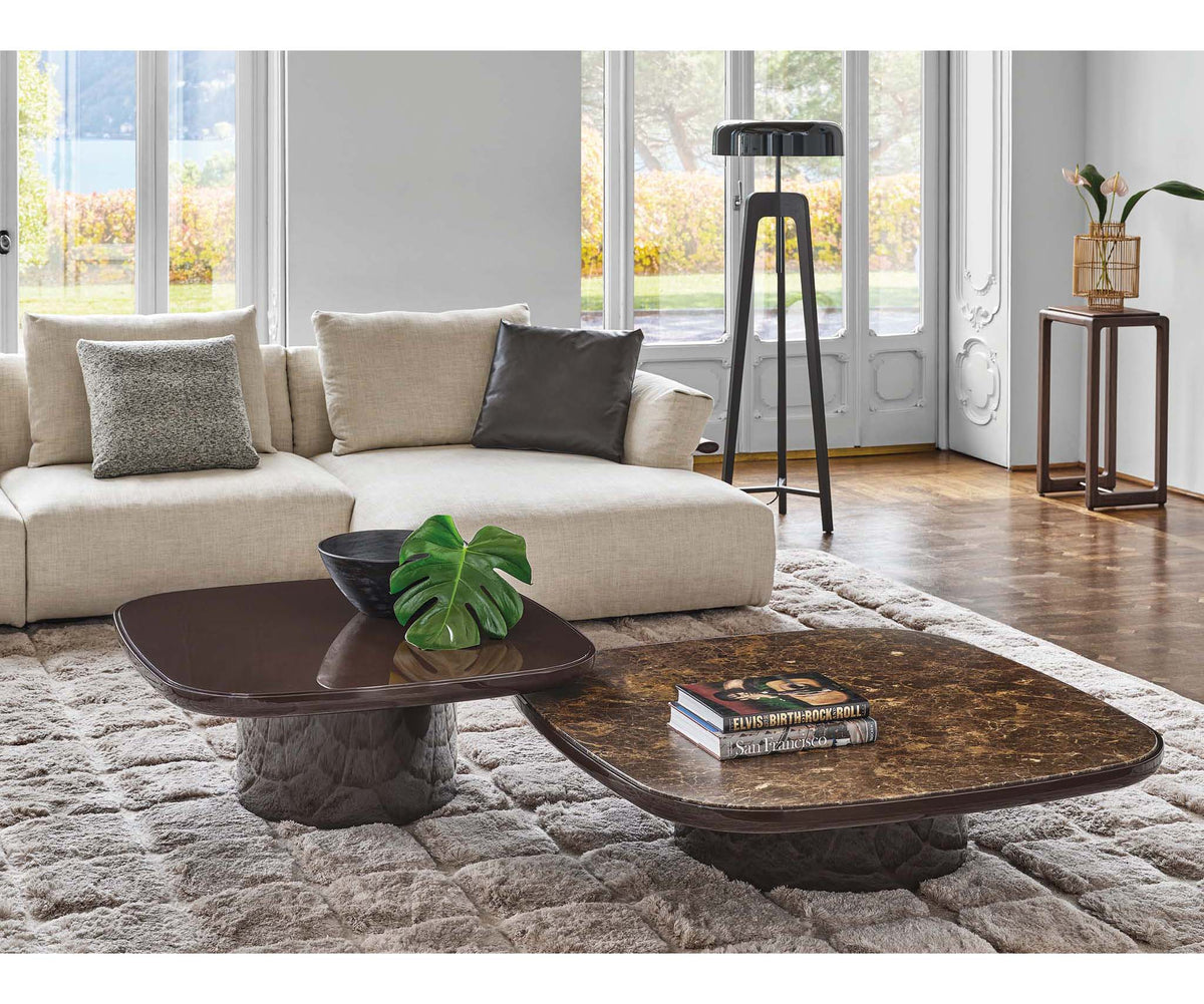 Enook Brillo coffee table featuring a solid wood structure, cylindrical base, and elegant marble top with refined contemporary styling.
