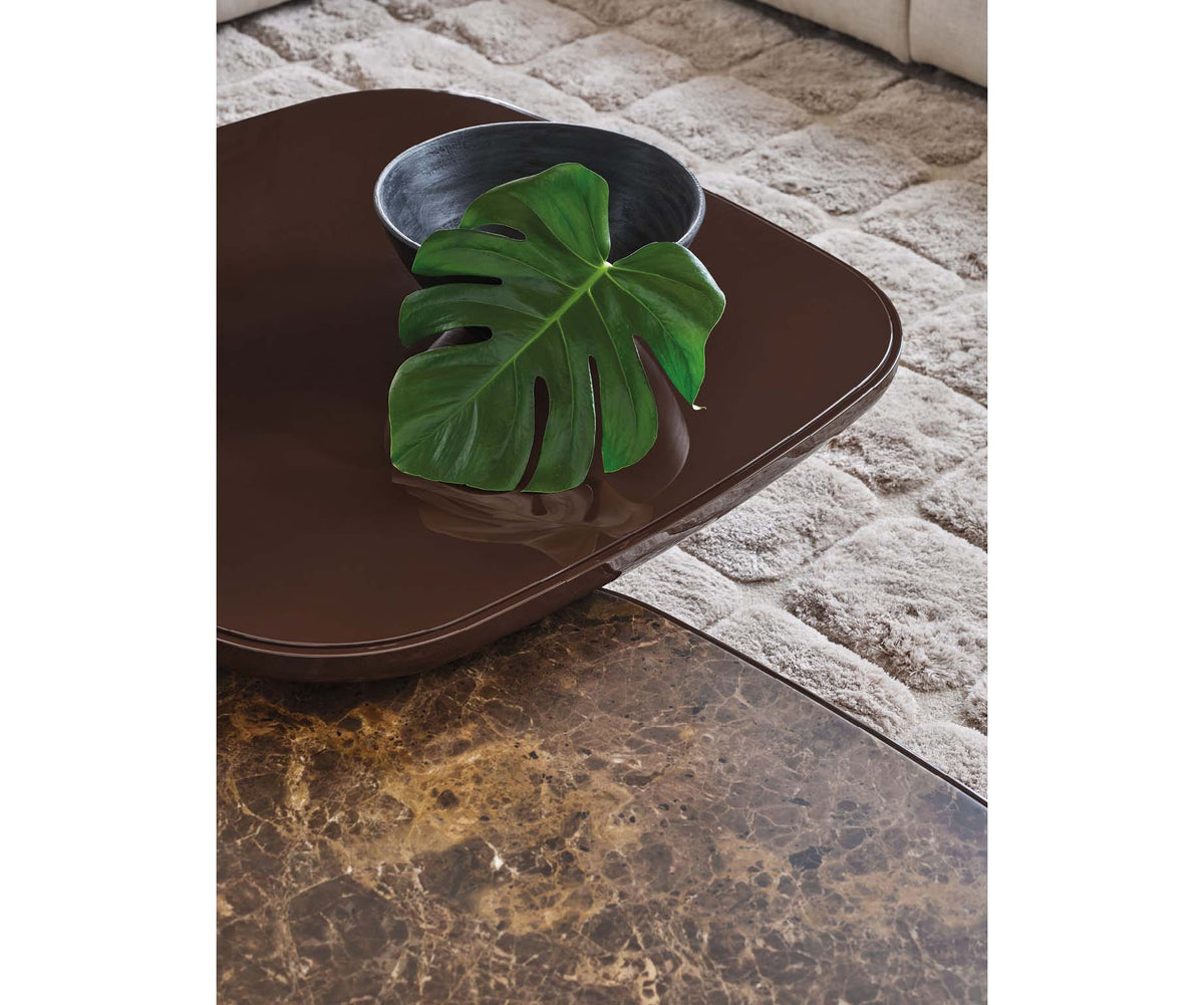 Enook Brillo coffee table featuring a solid wood structure, cylindrical base, and elegant marble top with refined contemporary styling.