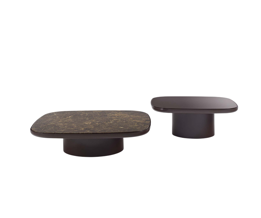 Enook Brillo coffee table featuring a solid wood structure, cylindrical base, and elegant marble top with refined contemporary styling.