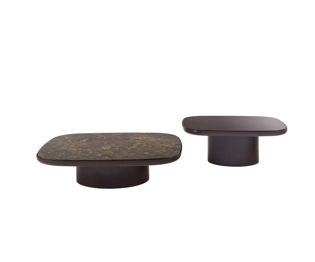 Enook Brillo coffee table featuring a solid wood structure, cylindrical base, and elegant marble top with refined contemporary styling.