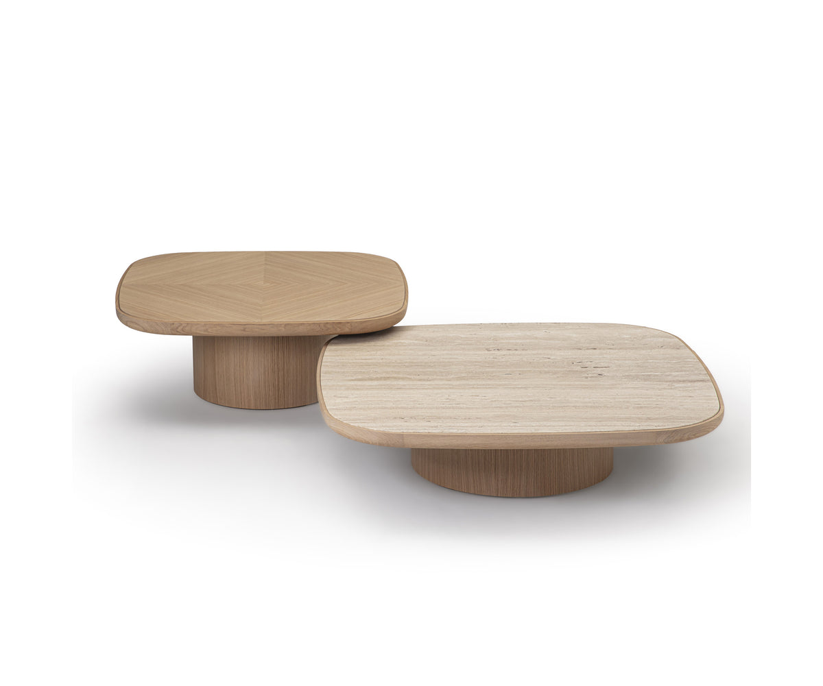Enook coffee table crafted from solid wood, featuring a square tabletop with rounded corners and a sculptural cylindrical base in a contemporary design.