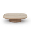 Enook coffee table crafted from solid wood, featuring a square tabletop with rounded corners and a sculptural cylindrical base in a contemporary design.
