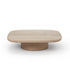Enook coffee table crafted from solid wood, featuring a square tabletop with rounded corners and a sculptural cylindrical base in a contemporary design.