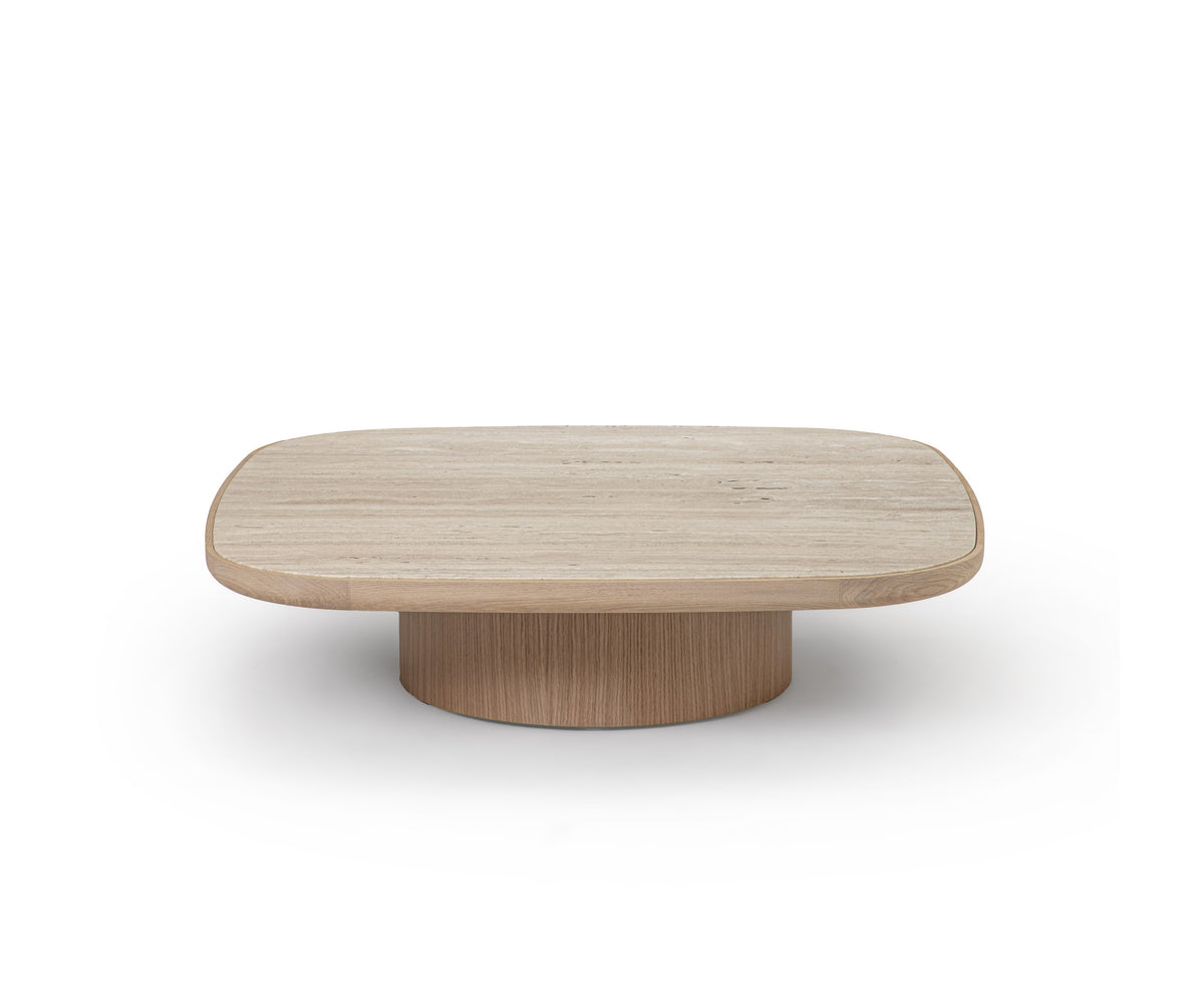 Enook coffee table crafted from solid wood, featuring a square tabletop with rounded corners and a sculptural cylindrical base in a contemporary design.