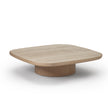 Enook coffee table crafted from solid wood, featuring a square tabletop with rounded corners and a sculptural cylindrical base in a contemporary design.