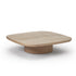 Enook coffee table crafted from solid wood, featuring a square tabletop with rounded corners and a sculptural cylindrical base in a contemporary design.