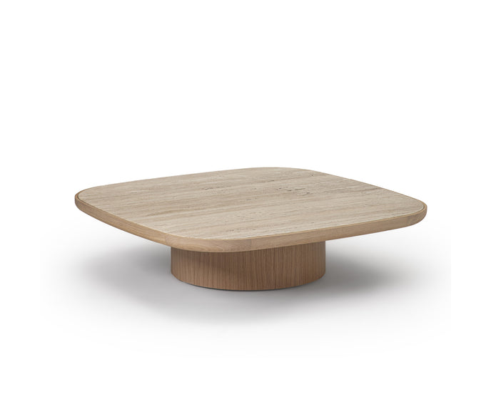 Enook coffee table crafted from solid wood, featuring a square tabletop with rounded corners and a sculptural cylindrical base in a contemporary design.