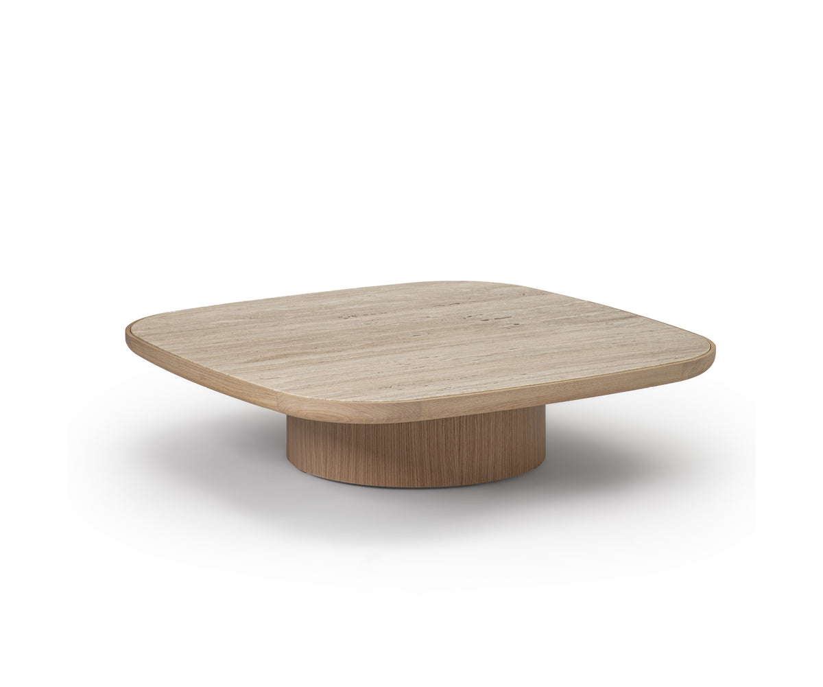 Enook coffee table crafted from solid wood, featuring a square tabletop with rounded corners and a sculptural cylindrical base in a contemporary design.