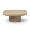 Enook coffee table crafted from solid wood, featuring a square tabletop with rounded corners and a sculptural cylindrical base in a contemporary design.