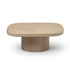 Enook coffee table crafted from solid wood, featuring a square tabletop with rounded corners and a sculptural cylindrical base in a contemporary design.