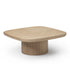 Enook coffee table crafted from solid wood, featuring a square tabletop with rounded corners and a sculptural cylindrical base in a contemporary design.