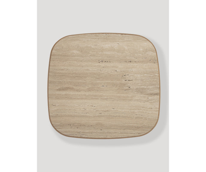 Enook coffee table crafted from solid wood, featuring a square tabletop with rounded corners and a sculptural cylindrical base in a contemporary design.